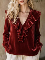 Full Size Ruffled V-neck Long Sleeve Blouse, front view