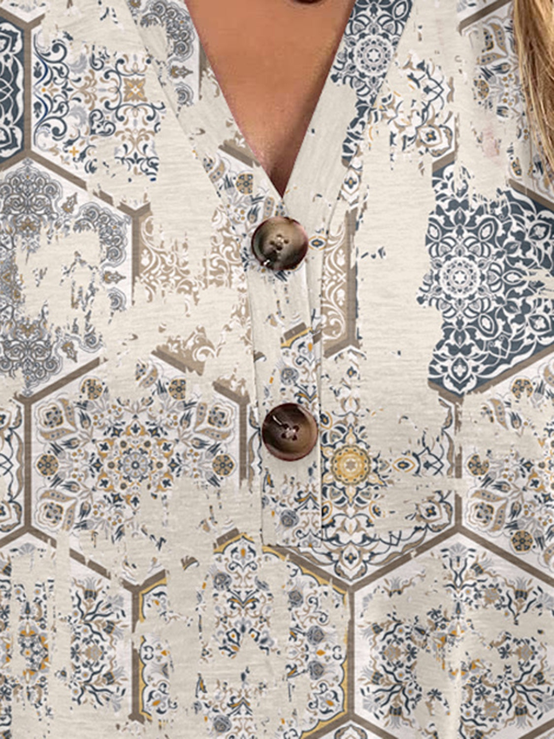 Bohemian tapestry henley blouse with button detail and geometric pattern
