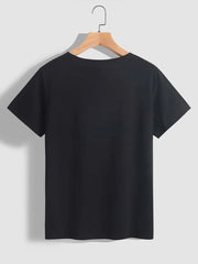 Black t-shirt with short sleeves and a crew neck, featuring a retro shamrock graphic on the front.