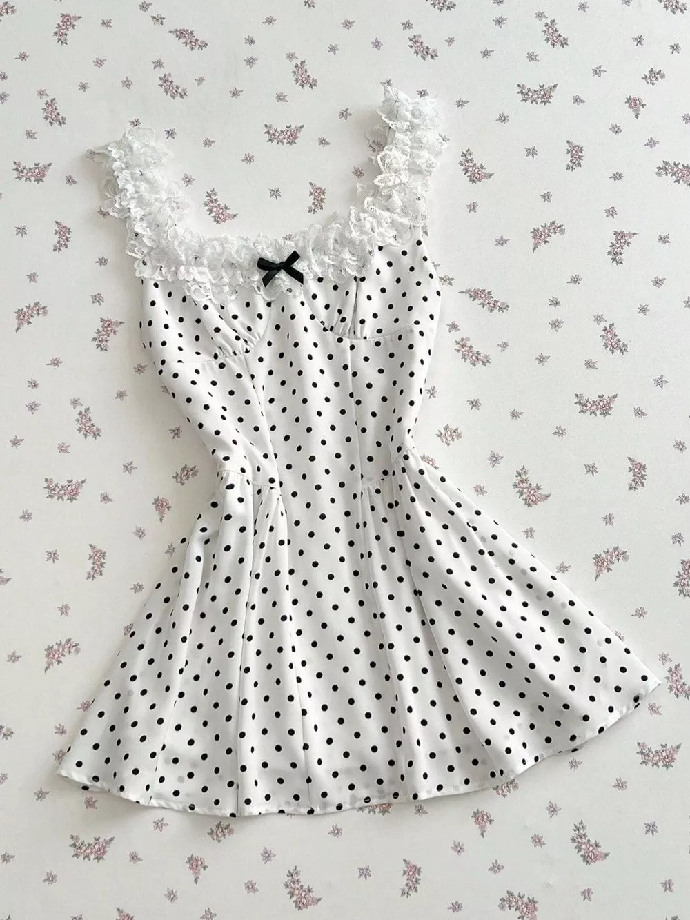 Polka Dot Lace Trim Mini Dress, fabric detail