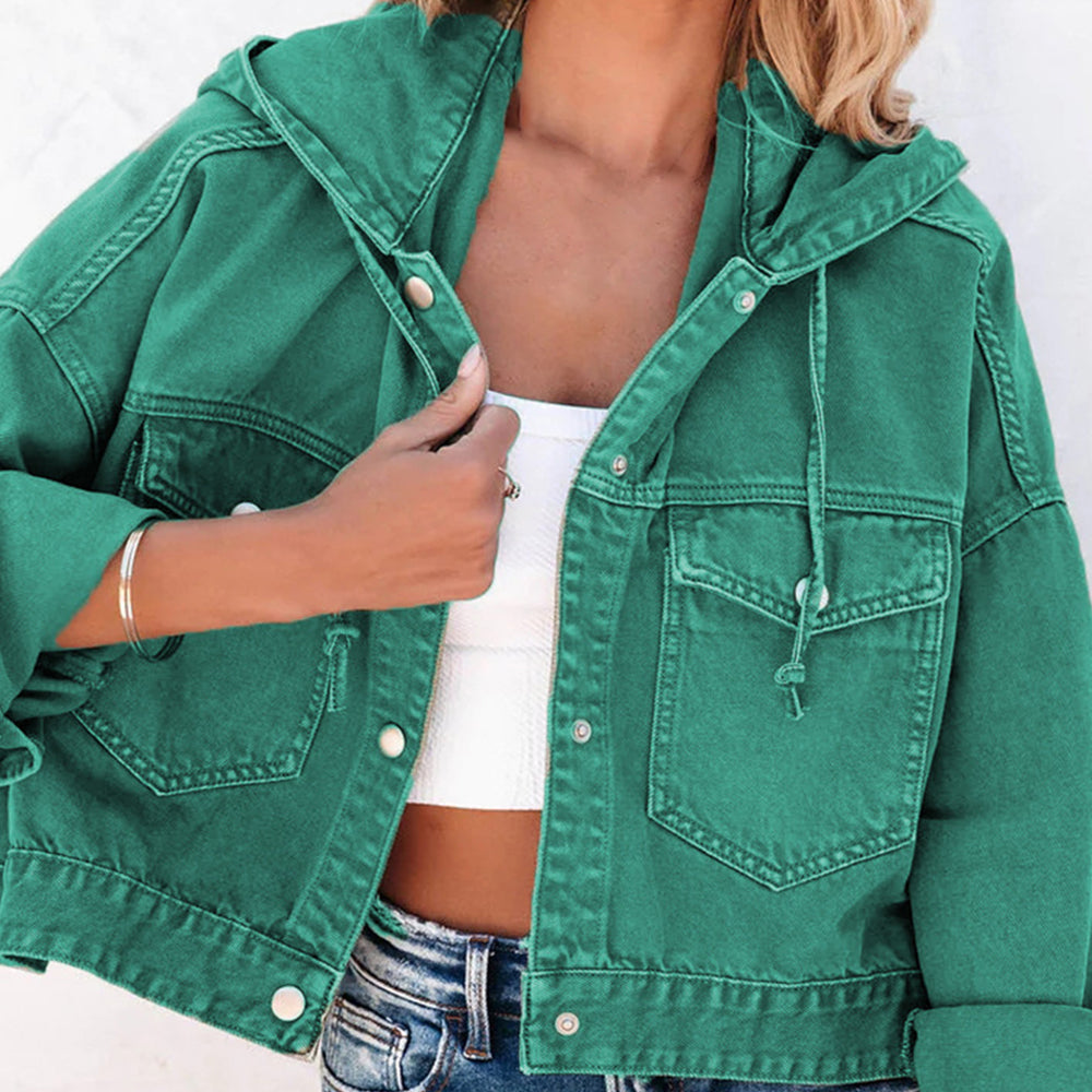 Emerald denim utility hoodie with buttoned pockets and drawstring hood.