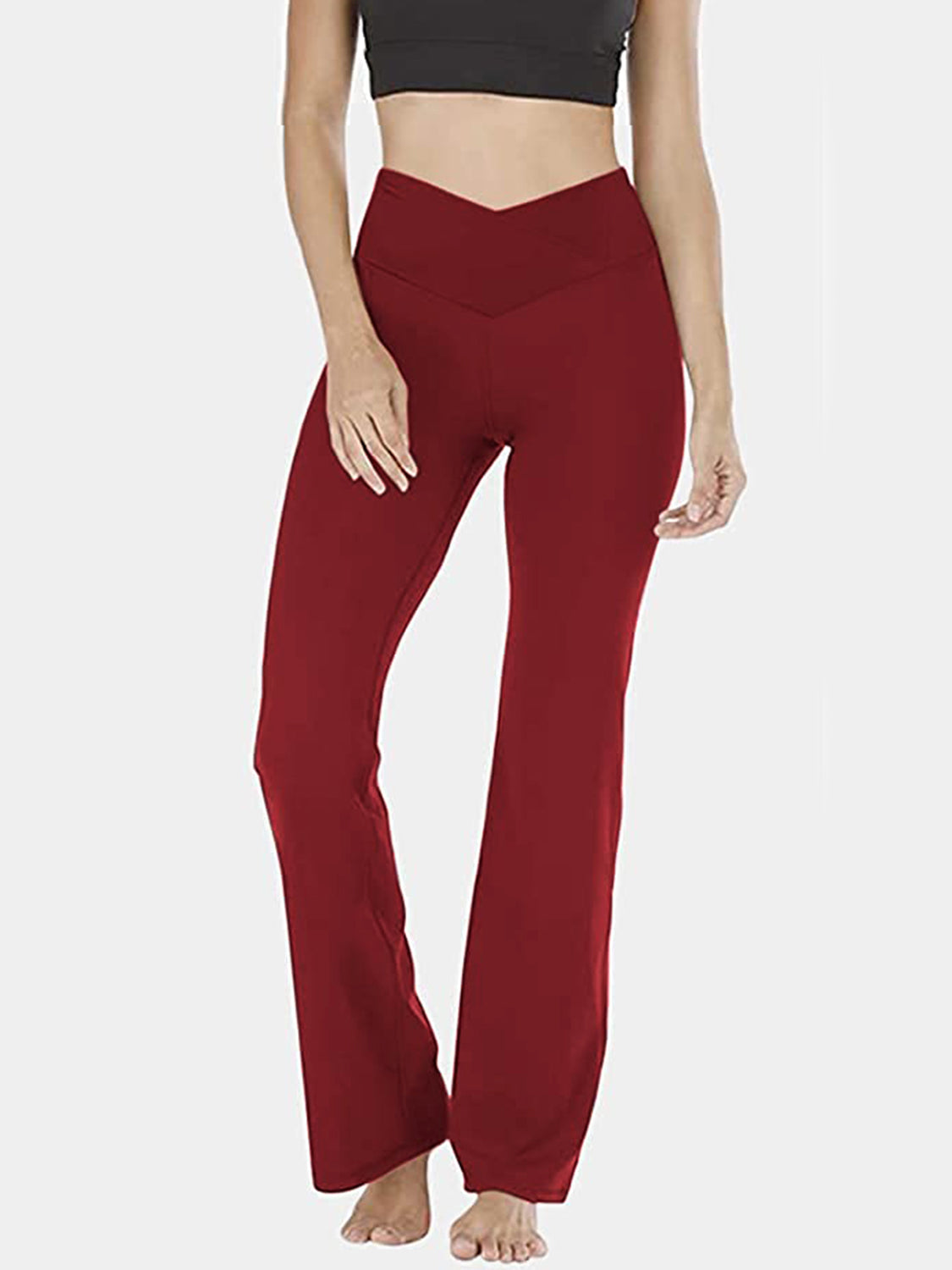 V-waist flare leggings in Wine, with a high rise and flared leg.