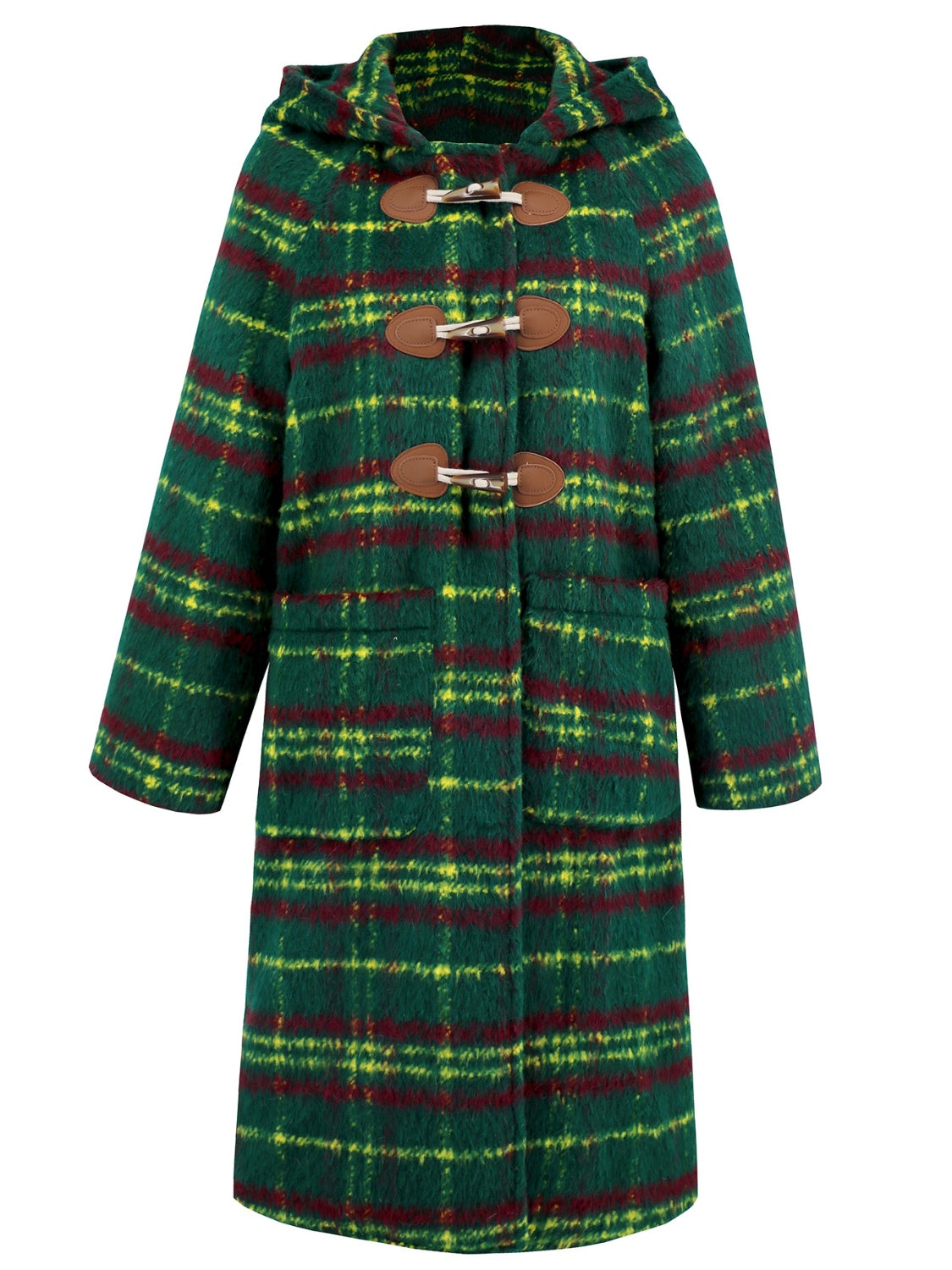 Green tartan hooded coat with toggle fastenings and leather trim.