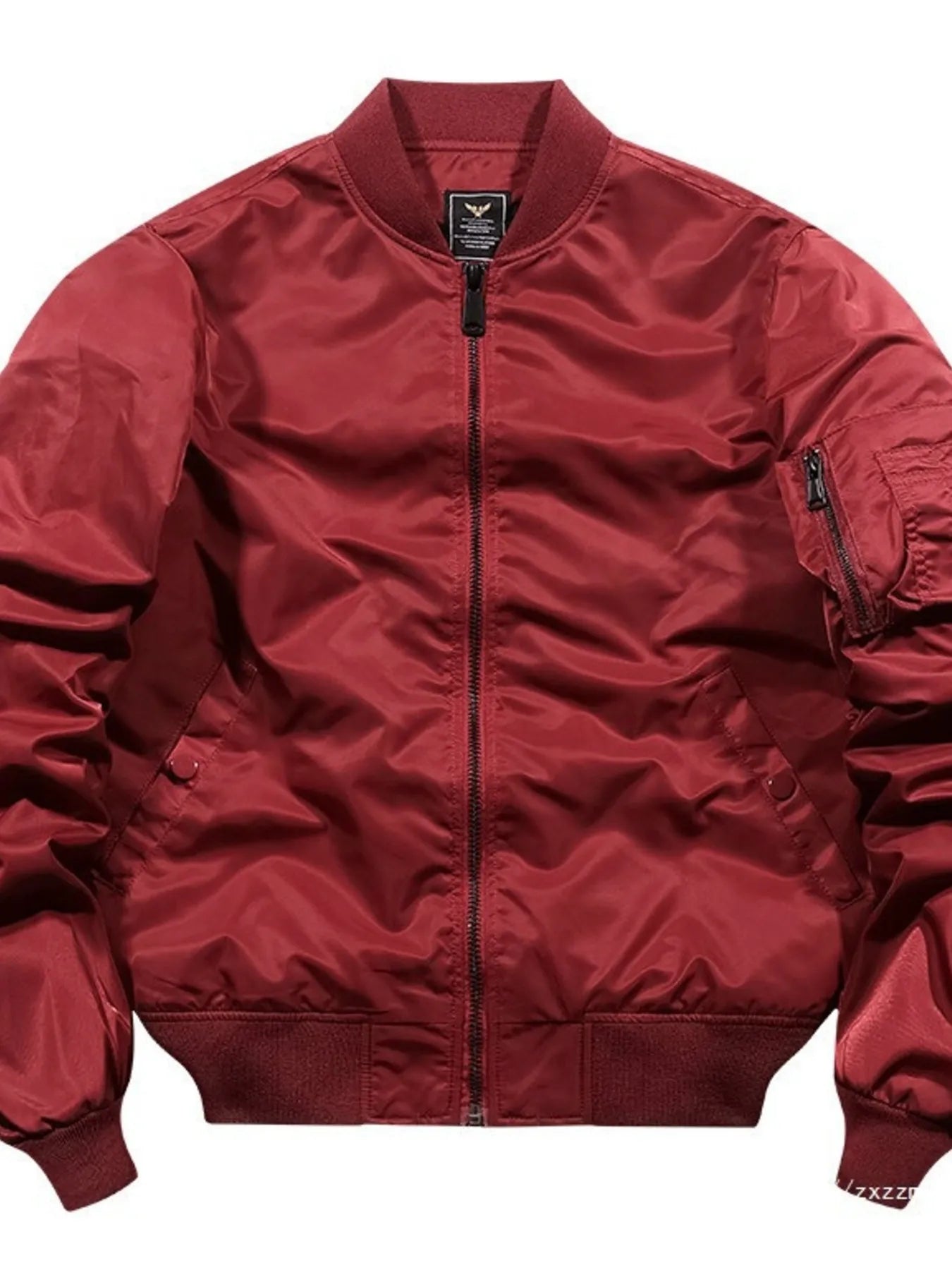 Men's red zip-up bomber jacket with ribbed collar, cuffs, and hem, and a zippered sleeve pocket.