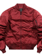 Men's red zip-up bomber jacket with ribbed collar, cuffs, and hem, and a zippered sleeve pocket.