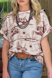 Desert Sand Print Short Sleeve Knit Top in Dust Storm, front view