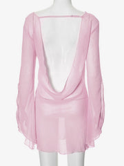Pink sheer chiffon mini dress with draped backless design and long bell sleeves.