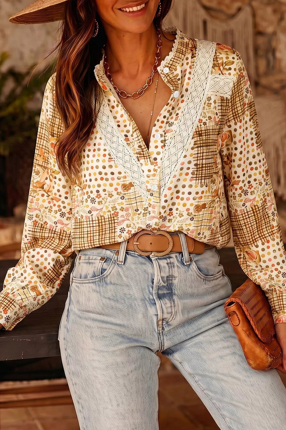 Floral Lace Trim Button Down Shirt in Tan, front view