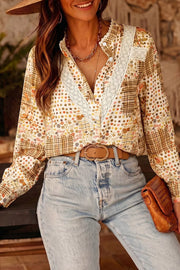 Floral Lace Trim Button Down Shirt in Tan, front view