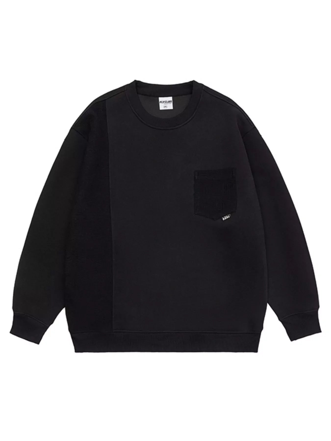 Black crewneck sweatshirt with contrasting textured panel and chest pocket