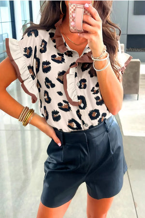 Playful leopard print maternity shirt with ruffled collar and sleeves, button-down front.