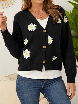 Black V-neck cardigan with daisy embroidery and button front.