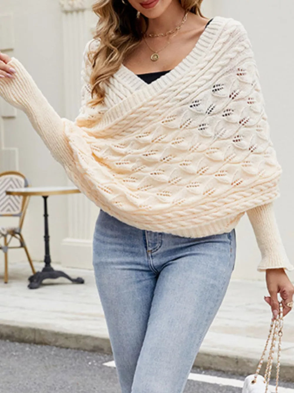 Cable Knit Batwing Sleeve Sweater in Black, editorial view