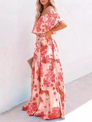 Elegant off-shoulder tiered maxi dress in Red Flower floral print with tie waist.