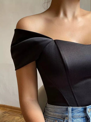 Black sweetheart neckline off-shoulder blouse with corset detail and short sleeves.