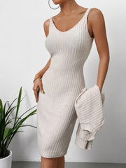 Ribbed knit midi dress in Dust Storm with V-neck and sleeveless design, paired with a matching cropped sweater.