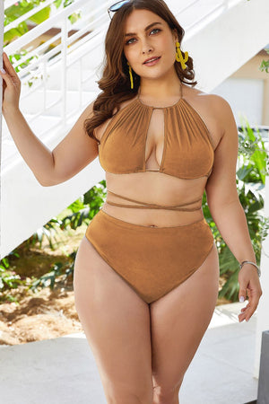 Brown keyhole halter bikini with high-waist bottoms and wrap ties.