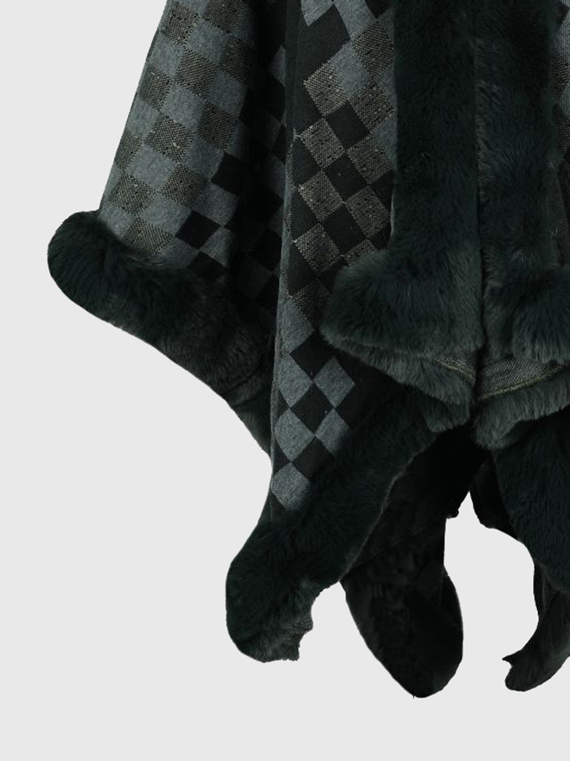 Charcoal diamond checkered poncho with faux fur trim detail