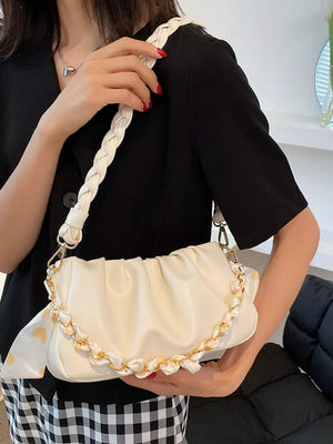 Ruched shoulder bag in beige with braided strap and gold chain detail