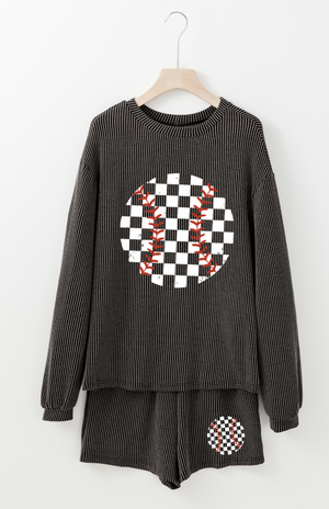 Dark gray ribbed lounge set with baseball graphic on crewneck top and shorts.