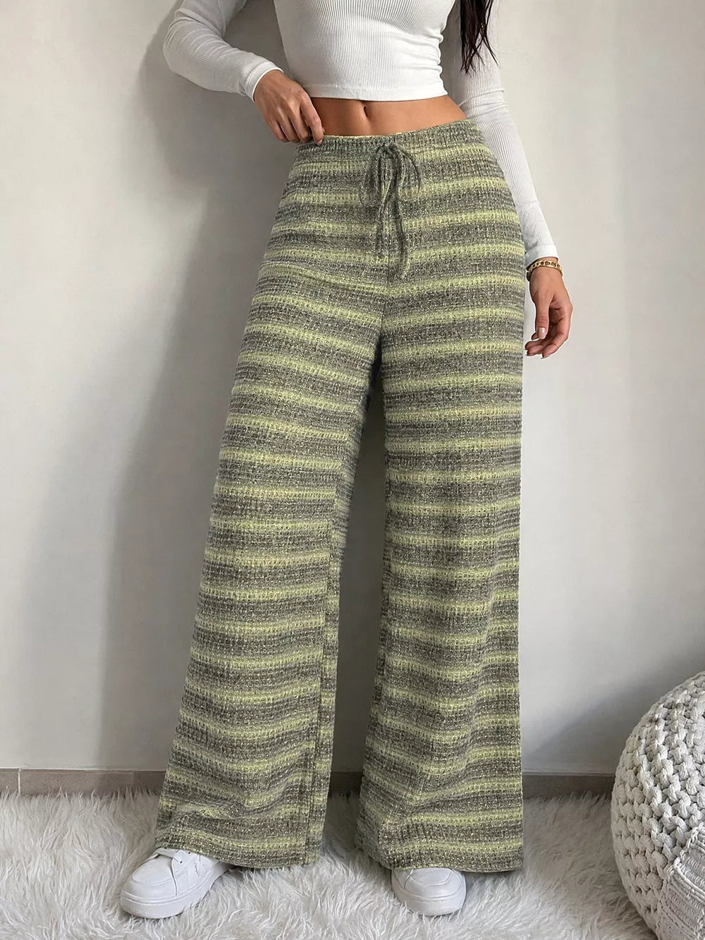 Striped Knit Wide-leg Pants in Army Green, model styling view