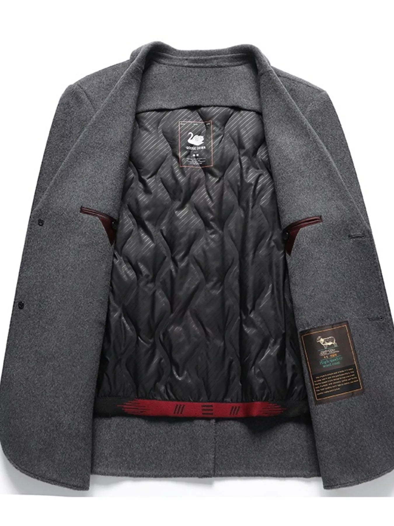 Men's gray wool button-up overcoat with quilted lining and branded tags.