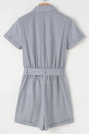 Pinstripe shirred waist romper with tie and cuffed shorts.