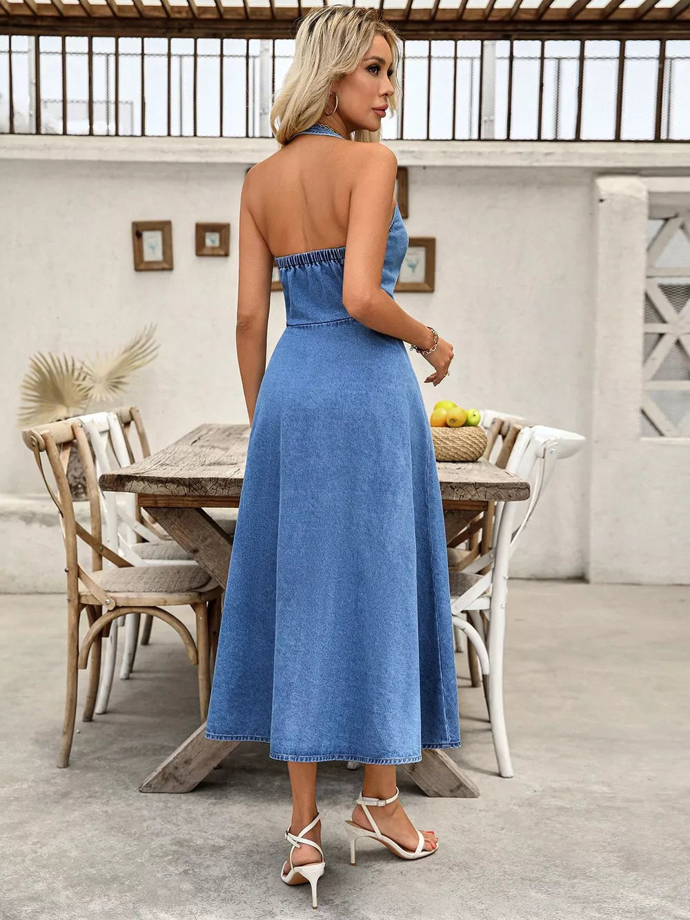 Halter Neck Button-down Denim Dress, fabric detail