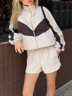 Color Block Zip Up Outerwear And Shorts Set in Green, model styling view