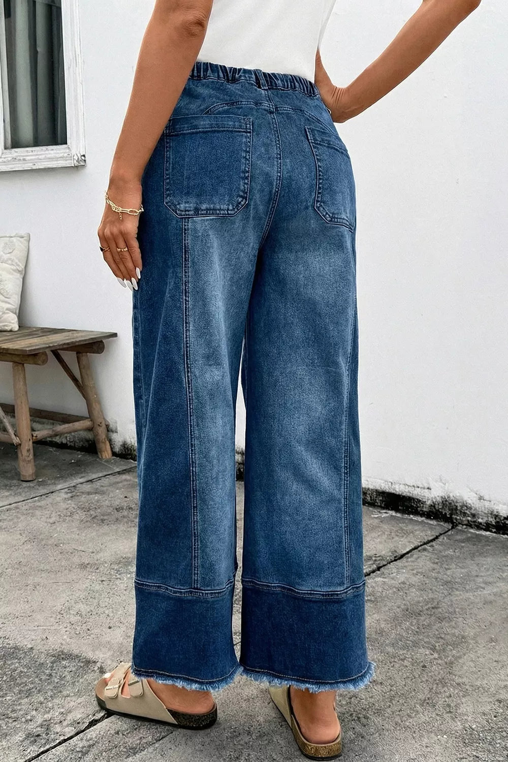 Drawstring Raw Hem Wide Leg Denim Pants, back view