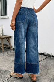 Drawstring Raw Hem Wide Leg Denim Pants, back view