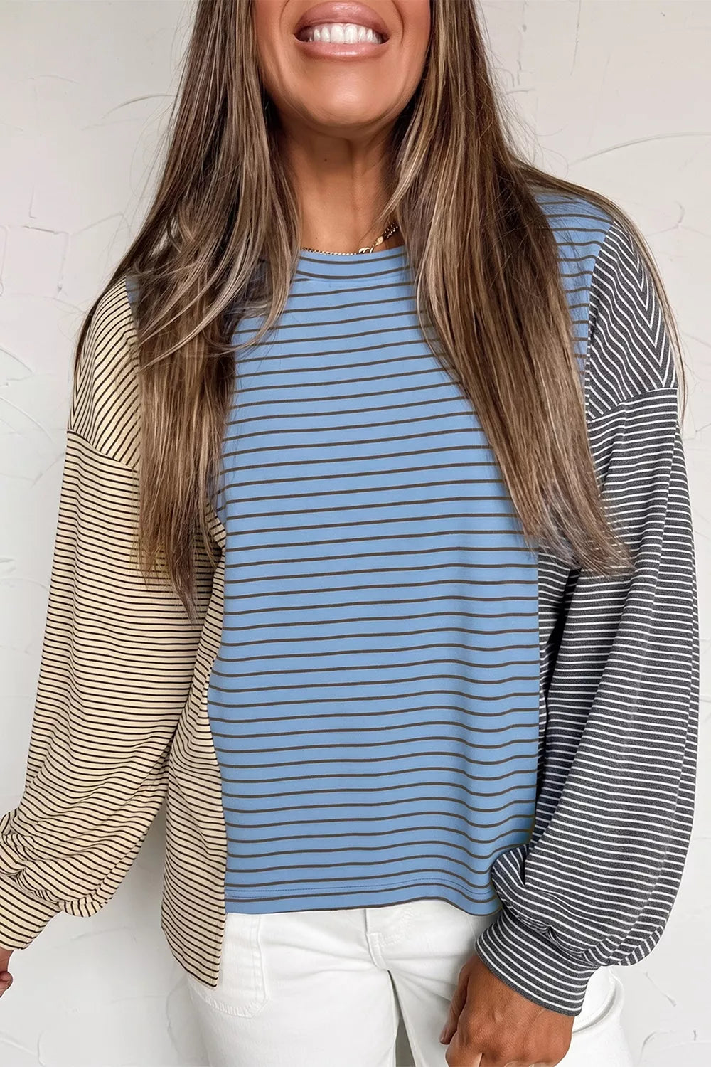 Color Block Striped Sweatshirt in Dusty Blue, front view