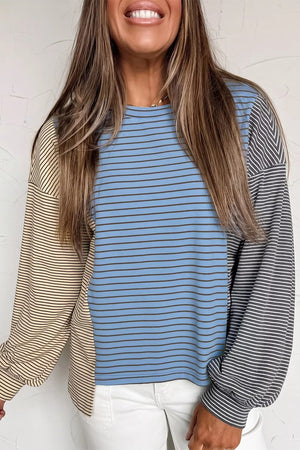 Color Block Striped Sweatshirt in Dusty Blue, front view