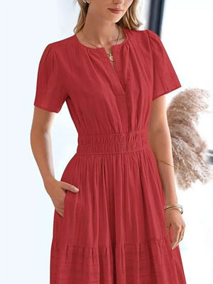 Ruched V-neck tiered midi dress in Scarlet with short sleeves and pockets.