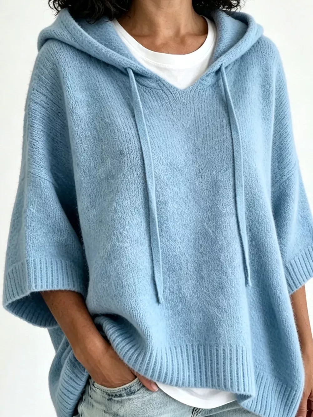 Striped Hooded Sweater With Button Detail in Blue, view 19