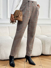 High-waisted taupe plaid trousers with pleat detail and a straight leg