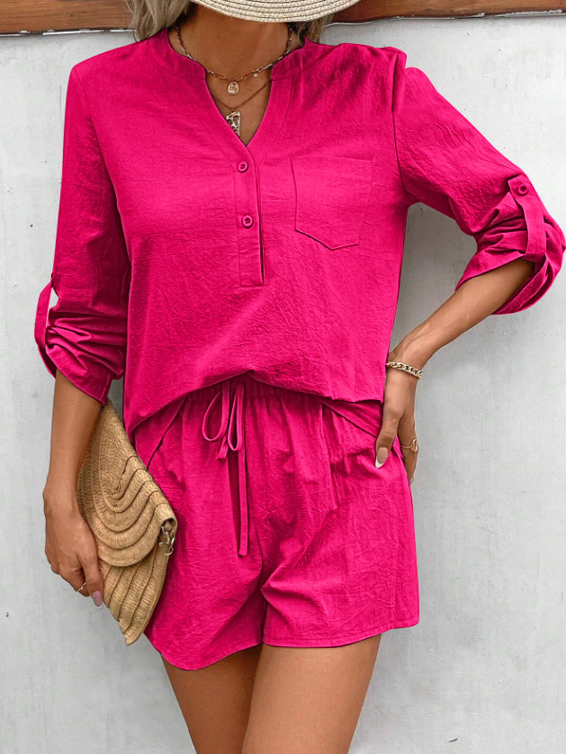 Hot Pink linen henley shirt with rolled sleeves and drawstring shorts set