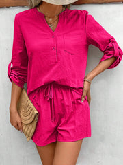 Hot Pink linen henley shirt with rolled sleeves and drawstring shorts set