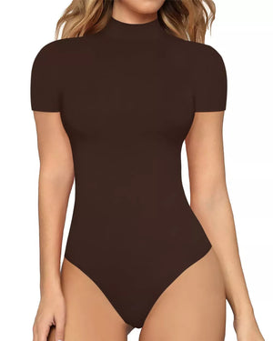 Dark brown mock neck short sleeve form-fitting bodysuit