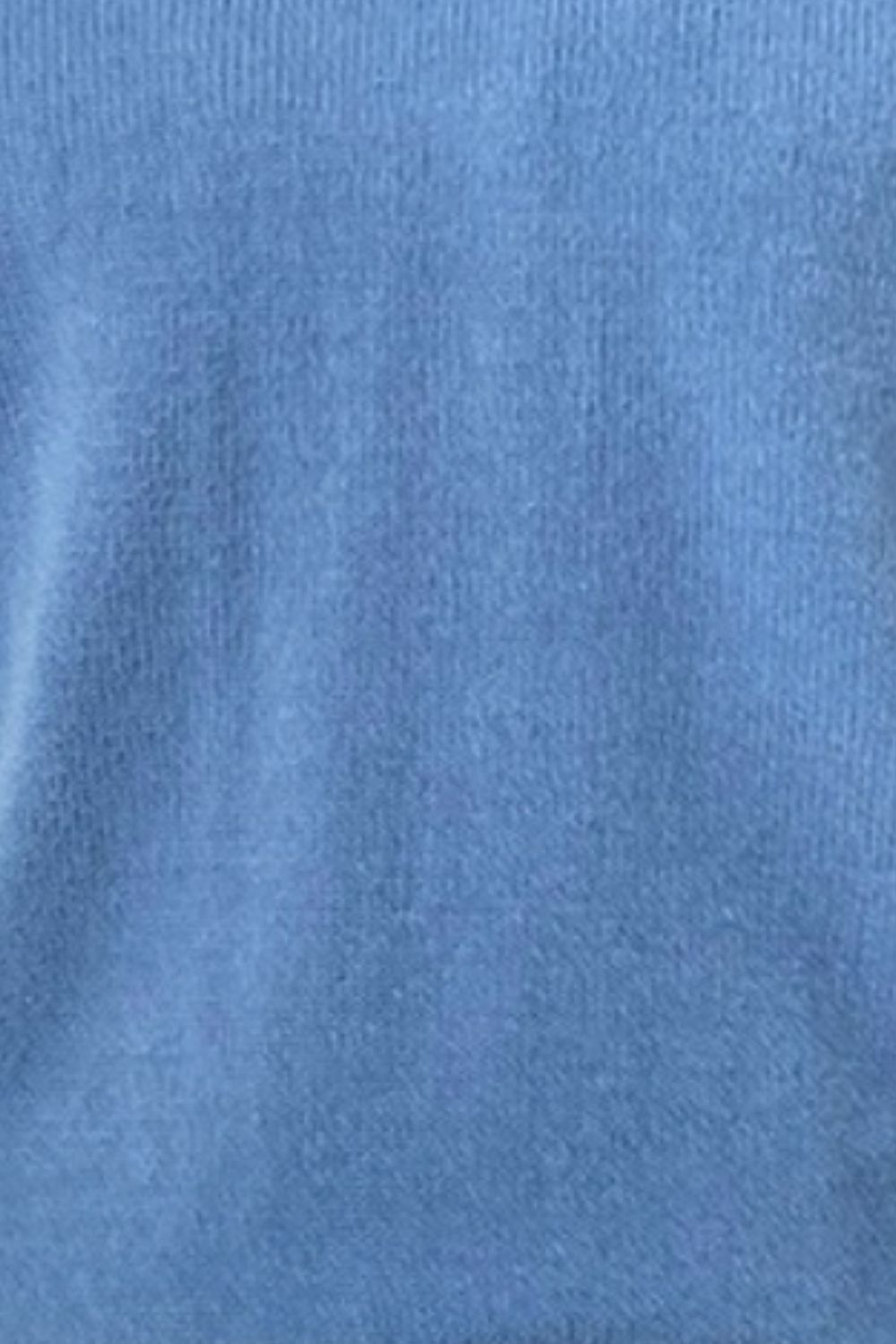 Blue knit pullover sweater with ribbed texture and V-neck.