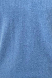 Blue knit pullover sweater with ribbed texture and V-neck.