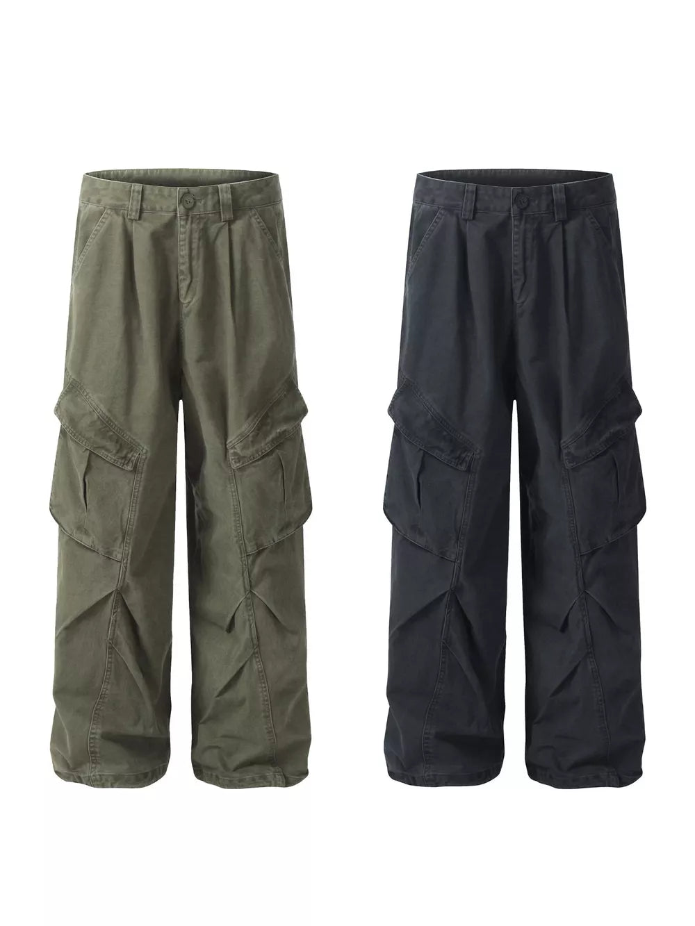 Green and Haze Gray cargo sweatpants with multiple pockets and relaxed fit.