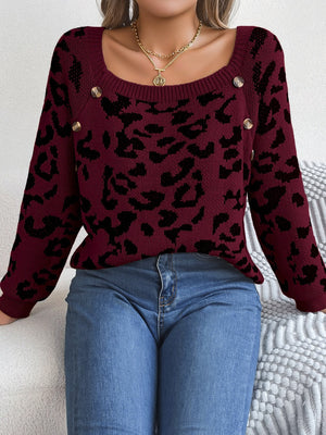 Wine leopard print acrylic sweater with button detail and square neckline.