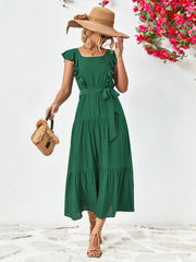 Forest green flutter sleeve tiered midi dress with belt