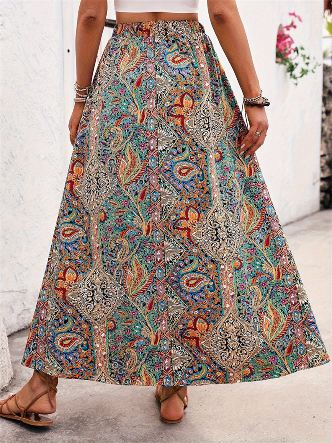Paisley print maxi skirt with slit in multi-color, bohemian style