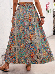 Paisley print maxi skirt with slit in multi-color, bohemian style