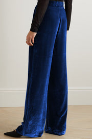 Velvet palazzo trousers in dark blue with a high waist and wide leg