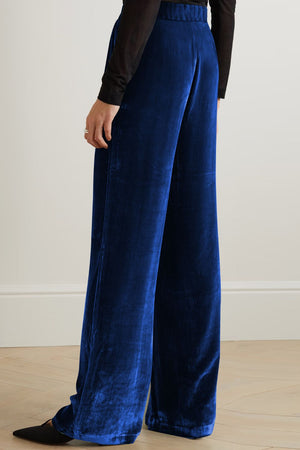 Velvet palazzo trousers in dark blue with a high waist and wide leg