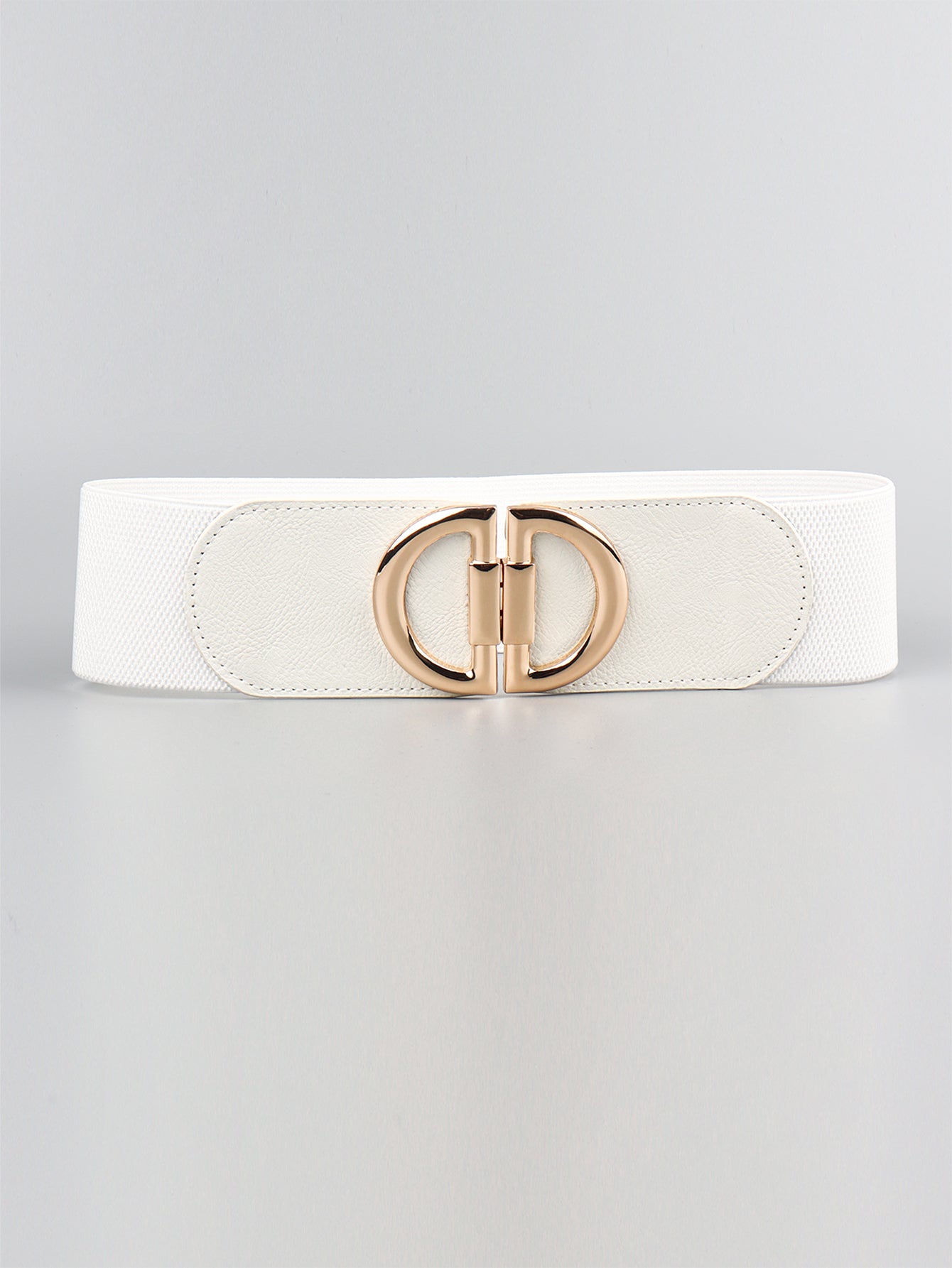 White elastic belt with double D gold buckle