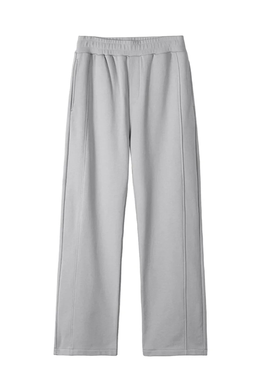 Gray seamed lounge trousers with elastic waistband and side pockets.